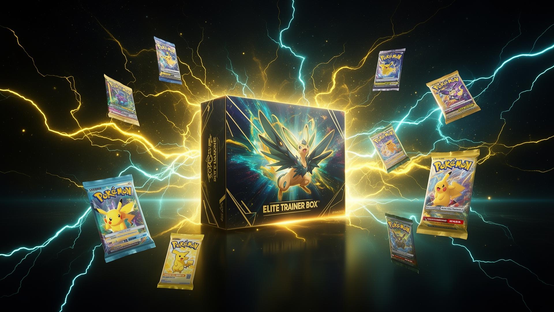 Sealed Pokémon Elite Trainer Box surrounded by booster packs and electric energy